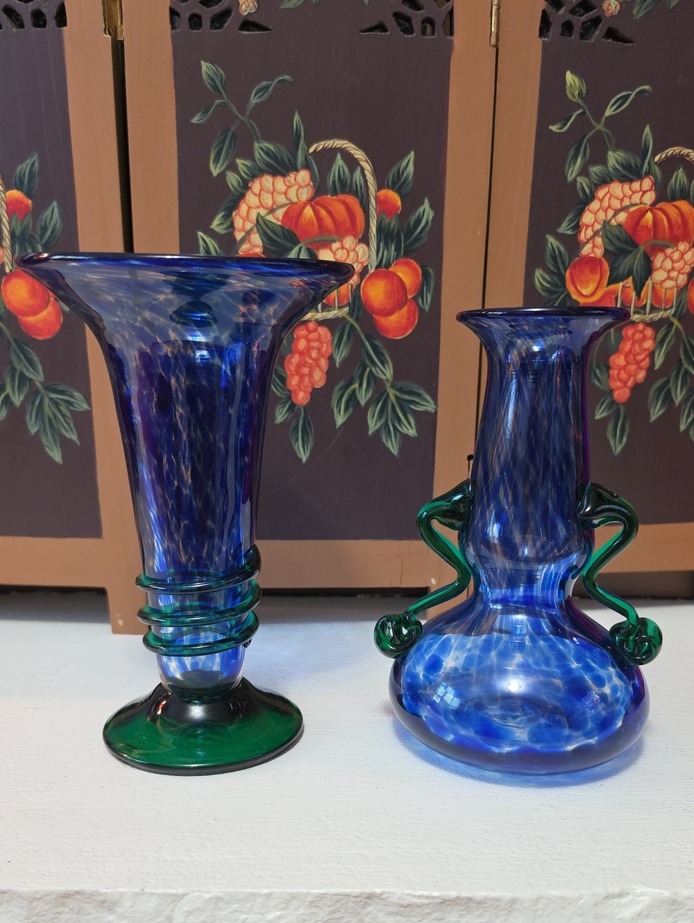 2 Vtg Cobalt Blue Hand Blown Glass Vases Decorative Green Handles Murano TOSO?